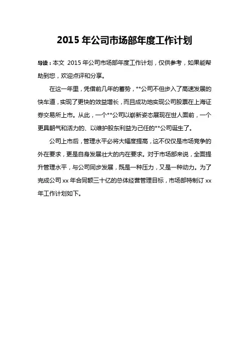 2015年公司市场部年度工作计划