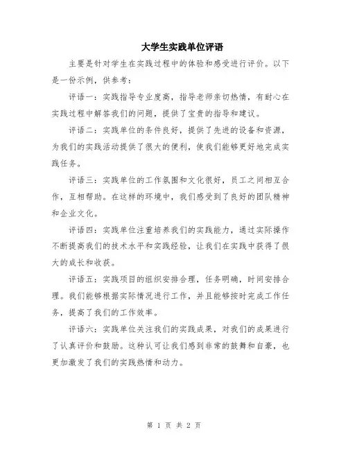 大学生实践单位评语