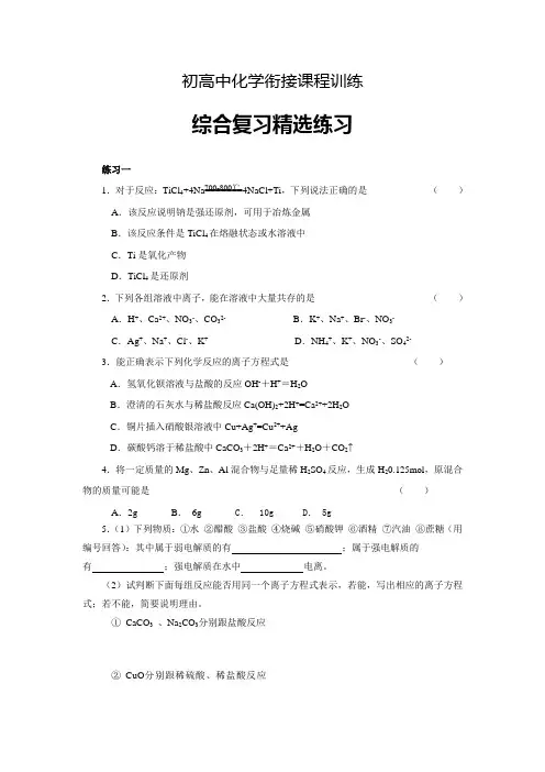 初高中化学衔接课程综合复习精选练习(5套)