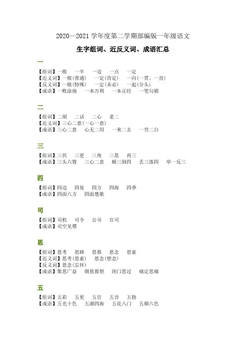 部编版语文一年级生字组词、近反义词、成语汇总,基础必记!