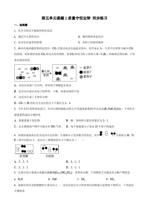 5 1 质量守恒定律同步练习   九年级化学人教版上册  