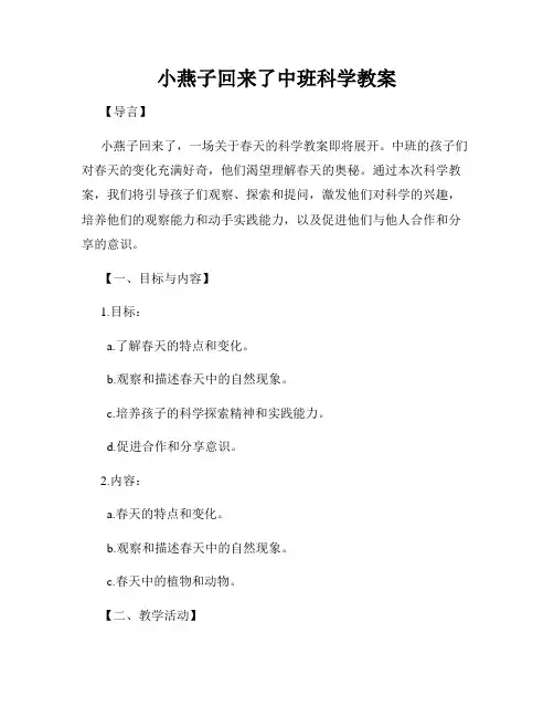 小燕子回来了中班科学教案