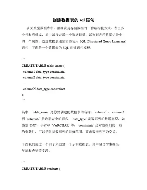 创建数据表的sql语句