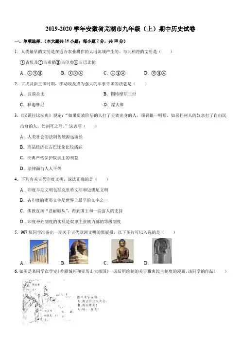 2019-2020学年安徽省芜湖市九年级(上)期中历史试卷