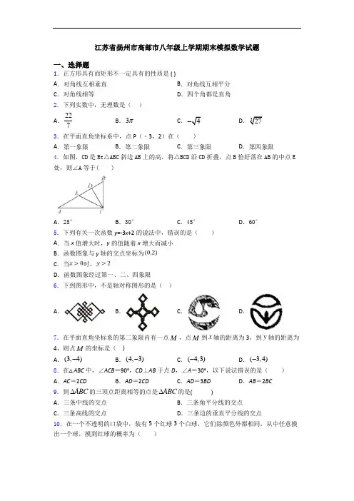 江苏省扬州市高邮市八年级上学期期末模拟数学试题