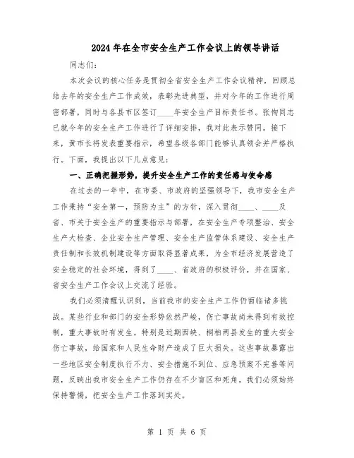 2024年在全市安全生产工作会议上的领导讲话（3篇）