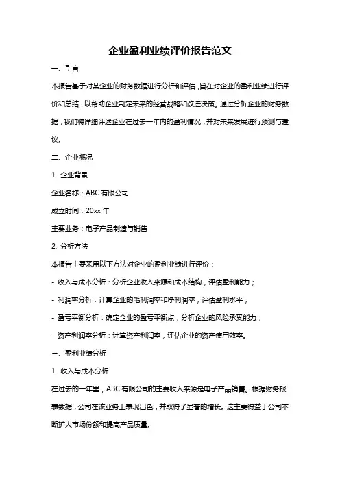 企业盈利业绩评价报告范文