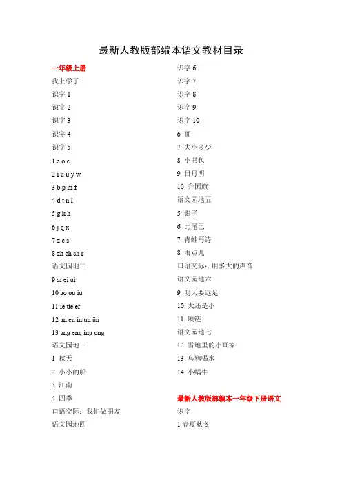 最新部编版小学语文教材目录(1-6年级)