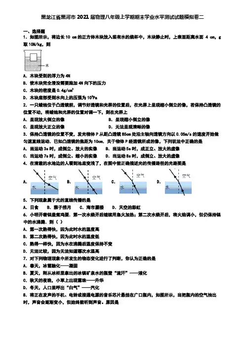 黑龙江省黑河市2021届物理八年级上学期期末学业水平测试试题模拟卷二