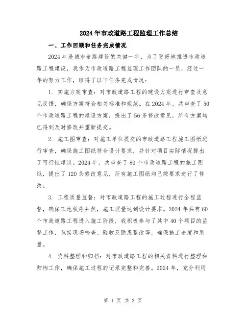 2024年市政道路工程监理工作总结