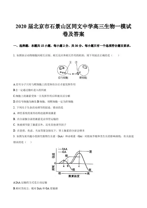 2020届北京市石景山区同文中学高三生物一模试卷及答案