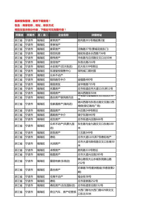 新版浙江省宁波市镇海区房屋中介企业公司商家户名录单联系方式地址大全414家