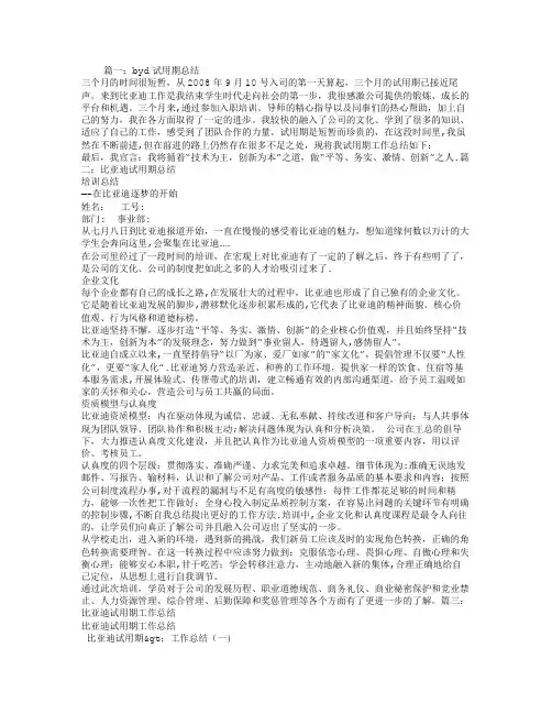 比亚迪试用期工作总结