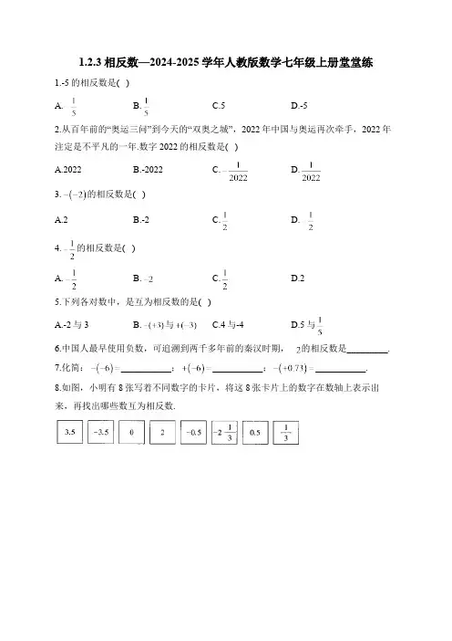1.2.3 相反数—2024-2025学年人教版数学七年级上册课堂练习(含答案)