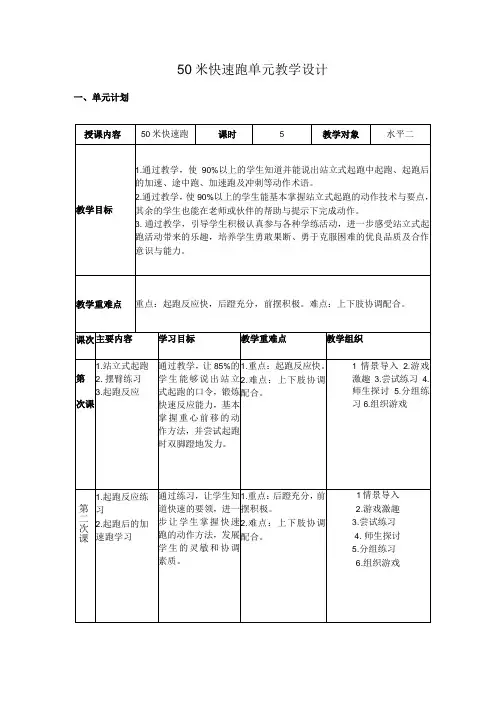 水平二(三、四年级)体育《50米快速跑》教学设计及教案(附单元教学计划)