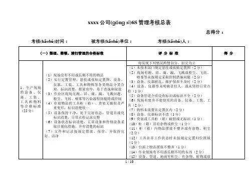 6S管理现场考核总表