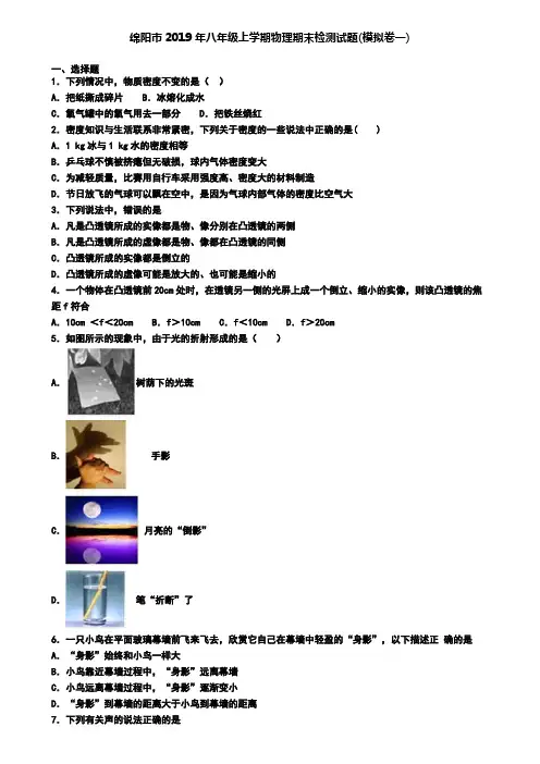 绵阳市2019年八年级上学期物理期末检测试题(模拟卷一)