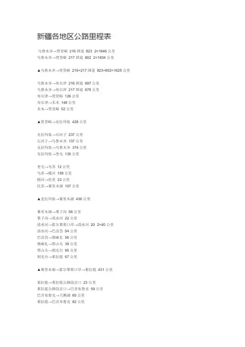 新疆各地区公路里程表