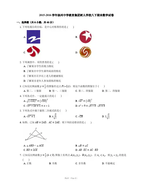 2015-2016学年扬州中学教育集团树人学校八下期末数学试卷