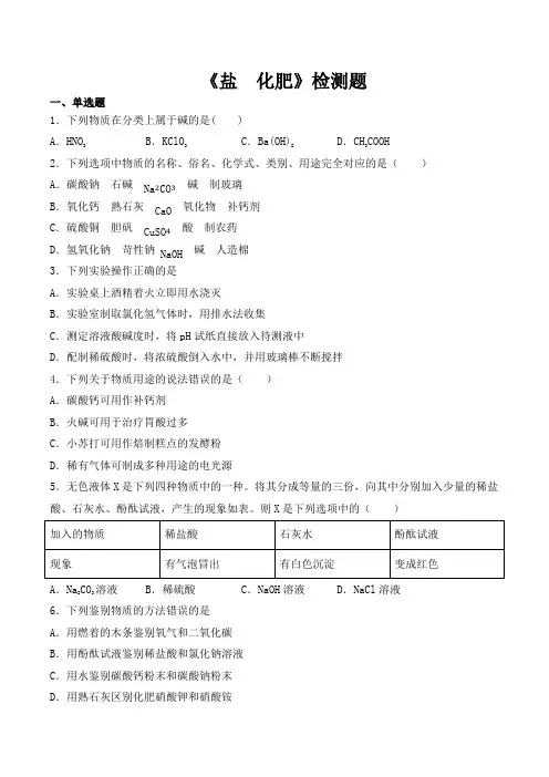 人教版初中化学九年级下册第十一单元《盐  化肥》检测题(含答案)