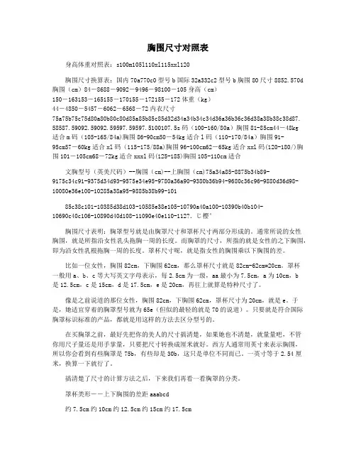 胸围尺寸对照表