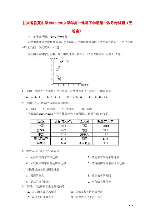 甘肃省临夏中学2018_2019学年高一地理下学期第一次月考试题