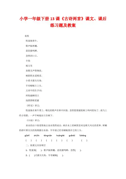 小学一年级下册13课《古诗两首》课文、课后练习题及教案