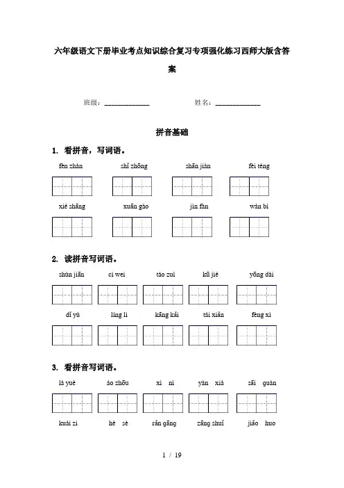 六年级语文下册毕业考点知识综合复习专项强化练习西师大版含答案