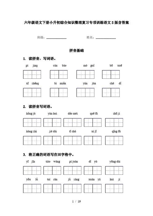 六年级语文下册小升初综合知识整理复习专项训练语文S版含答案