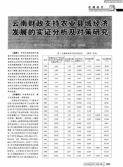 云南财政支持农业县域经济发展的实证分析及对策研究