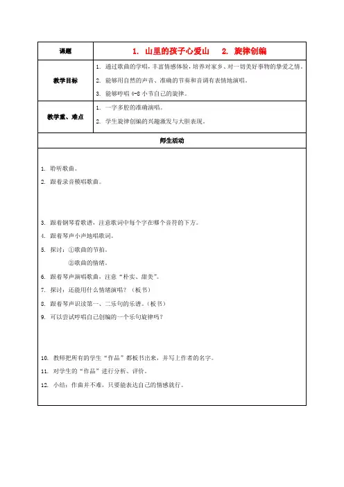 三年级音乐下册 山里的孩子心爱山教案 人音版