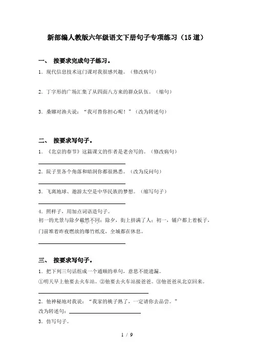 新部编人教版六年级语文下册句子专项练习(15道)