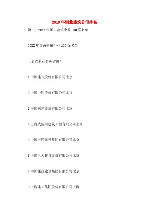 2019年湖北建筑公司排名