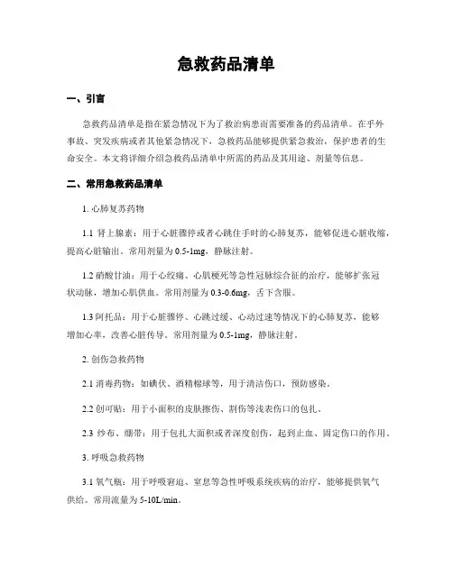 急救药品清单