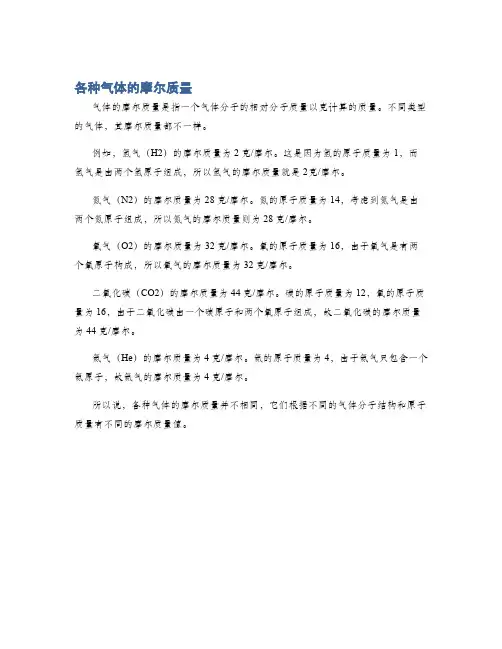 各种气体的摩尔质量