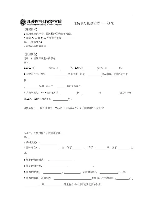 人教版生物必修一遗传信息的携带者——核酸学案精品教学案
