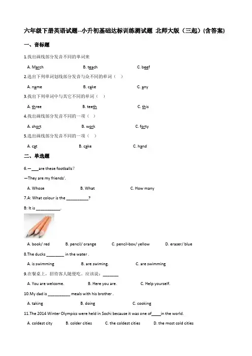 六年级下册英语试题--小升初基础达标训练测试题(精品试卷)  北师大版(三起)(含答案)
