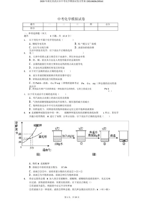 2020年湖北省武汉市中考化学模拟试卷含答案(20210626120316)