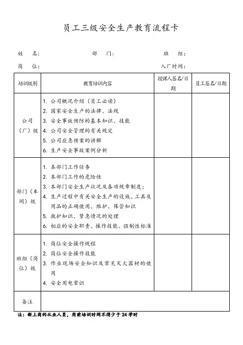 员工三级安全生产教育流程卡(2013.7.23)