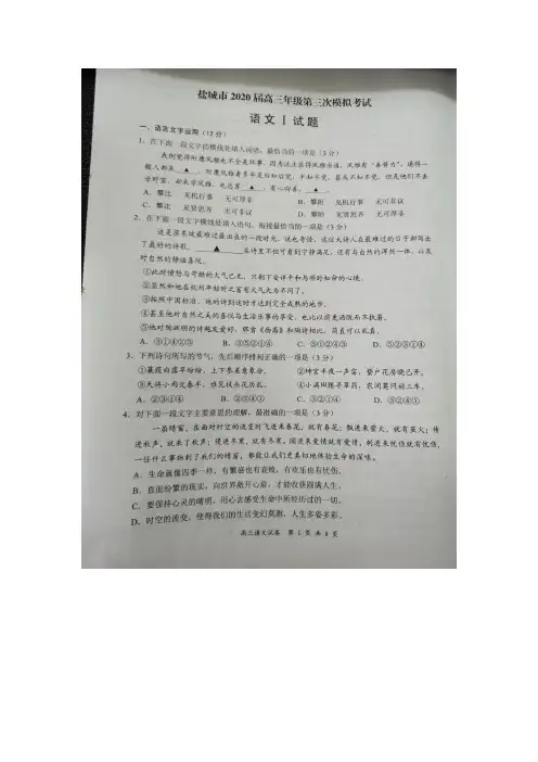 江苏省盐城市2020届高三第三次模拟考试 语文(图片版)