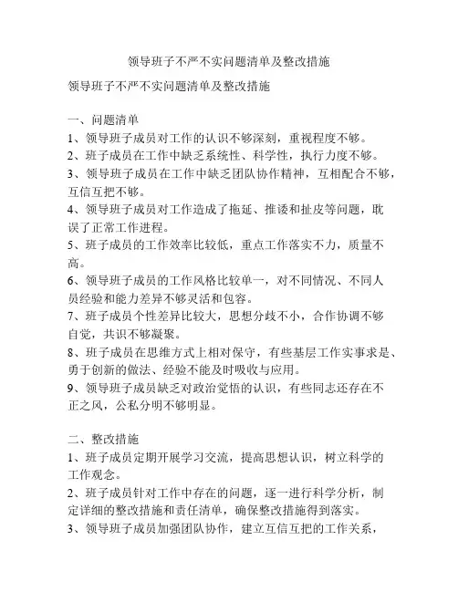 领导班子不严不实问题清单及整改措施