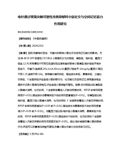 电针通过增强突触可塑性改善抑郁样小鼠社交与空间记忆能力作用研究