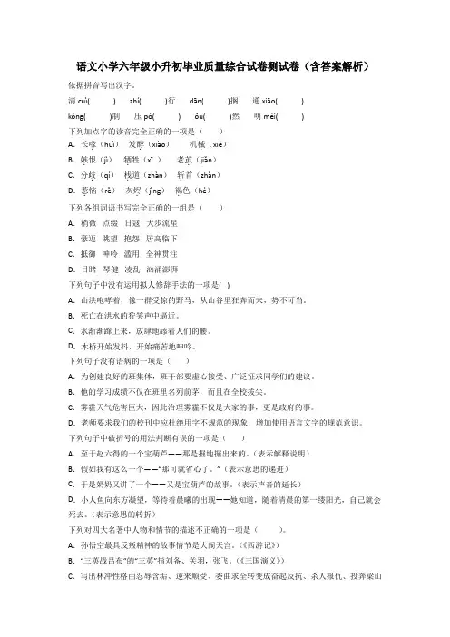 语文小学六年级小升初毕业质量综合试卷测试卷(含答案解析)