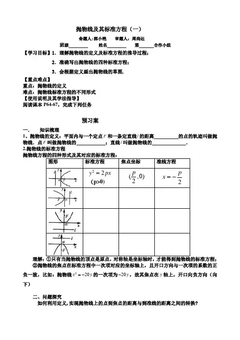 抛物线及其标准方程(一) 导学案