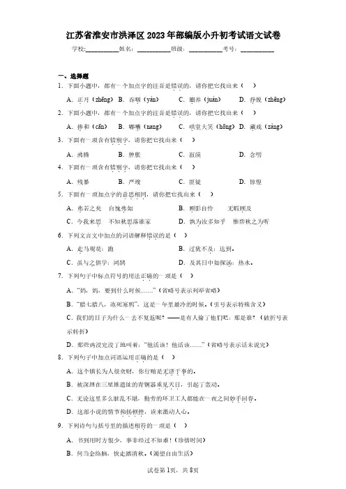 江苏省淮安市洪泽区2023年部编版小升初考试语文试卷(含答案解析)