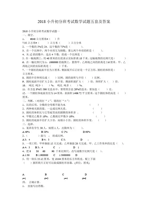 2018小升初分班考试数学试题五套及答案