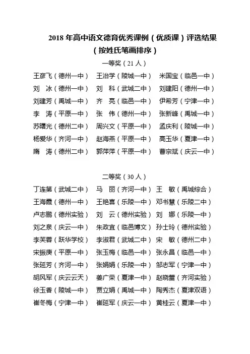 2018年高中语文德育优秀课例(优质课)评选结果(按姓氏笔