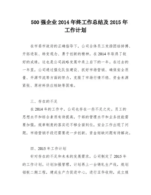 500强企业2014年终工作总结及2015年工作计划