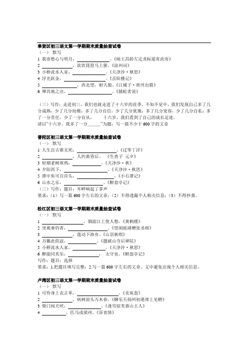 奉贤区初三语文第一学期期末质量抽查试卷