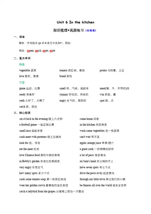 五年级下册英语Unit 6 In the kitchen知识梳理+巩固练习 译林版三起